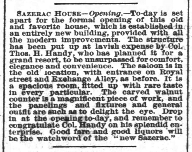 Image of newspaper ad announcing reopening of Sazerac House 1882